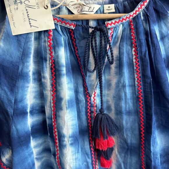 Caffe Marrakesh Embroidered Tie Dye Tassel Blouse Blue M - Picture 3 of 8